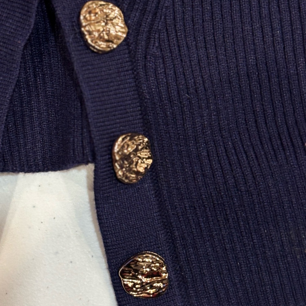Emerson Lang Navy Blue Strapless Knit Ribbed Top, Gold Buttons, NWT, Medium - Picture 2 of 5